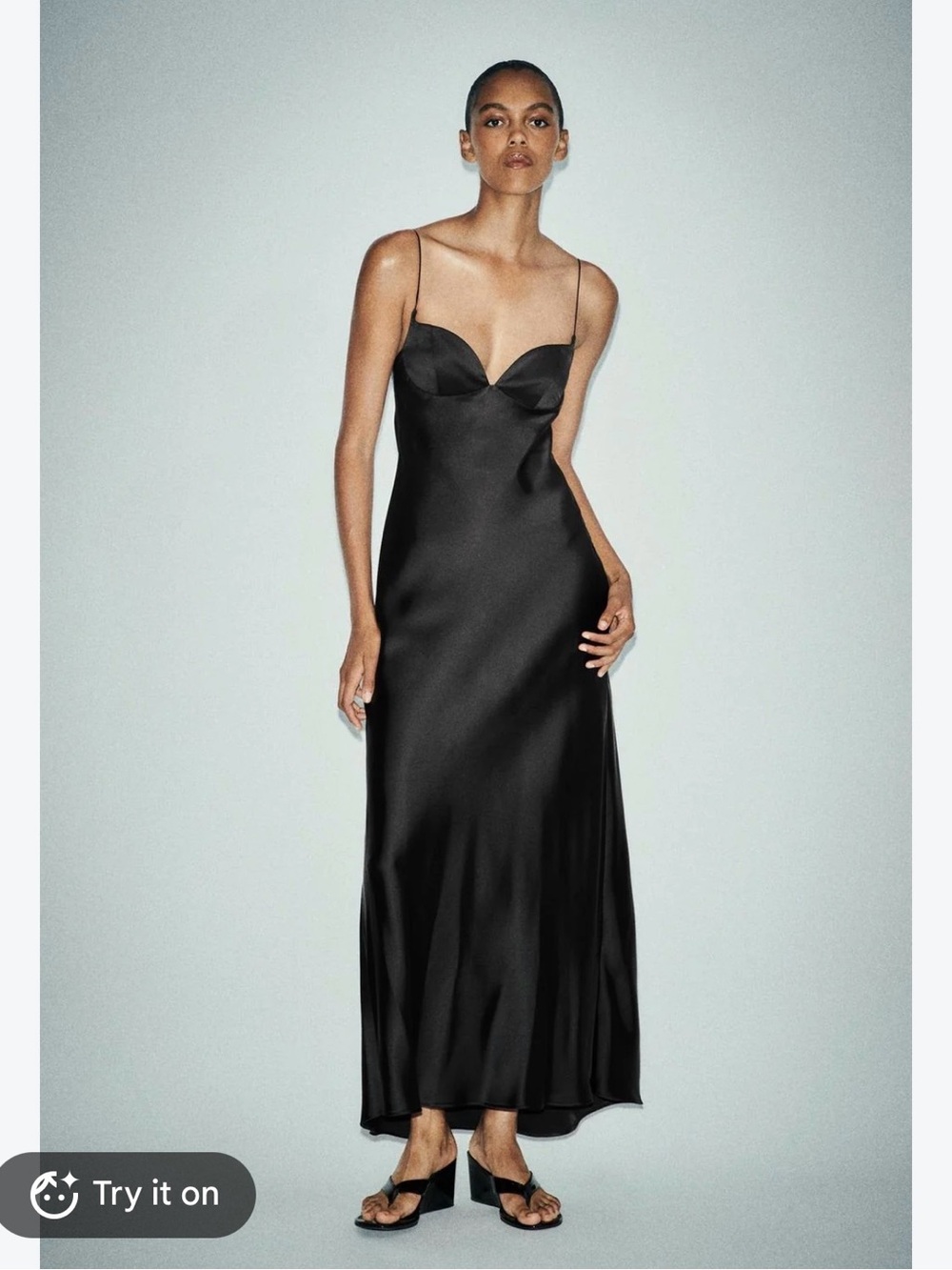 Zara Black Satin Slip Maxi Dress with Spaghetti Straps